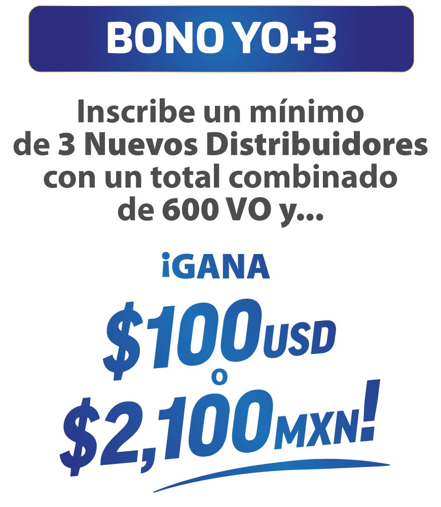 Bono YO+3: inscribe un mínimo de 3 Nuevos Distribuidores con un total combinado de 600 VO y gana $100 USD o $2,100 MXN