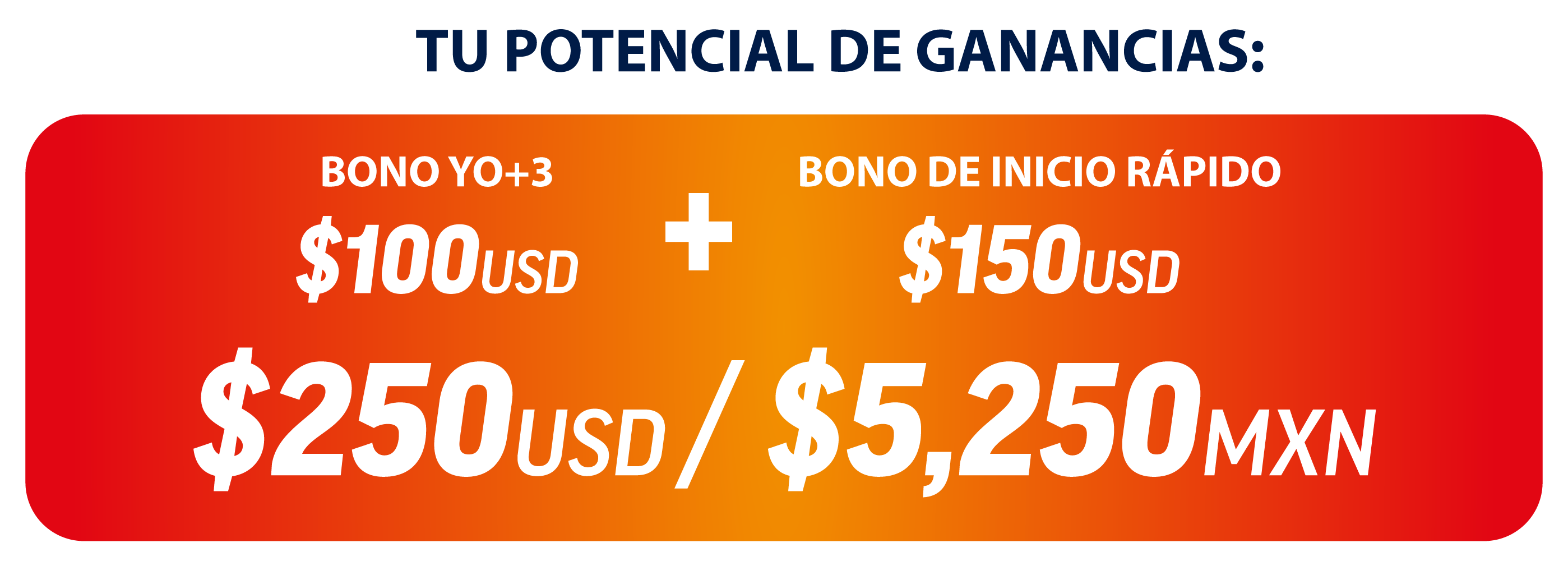 Tu potencial de ganancias: Bono YO+3 $100 USD + Bono de Inicio Rápido $150 USD = $250 USD o $5,250 MXN